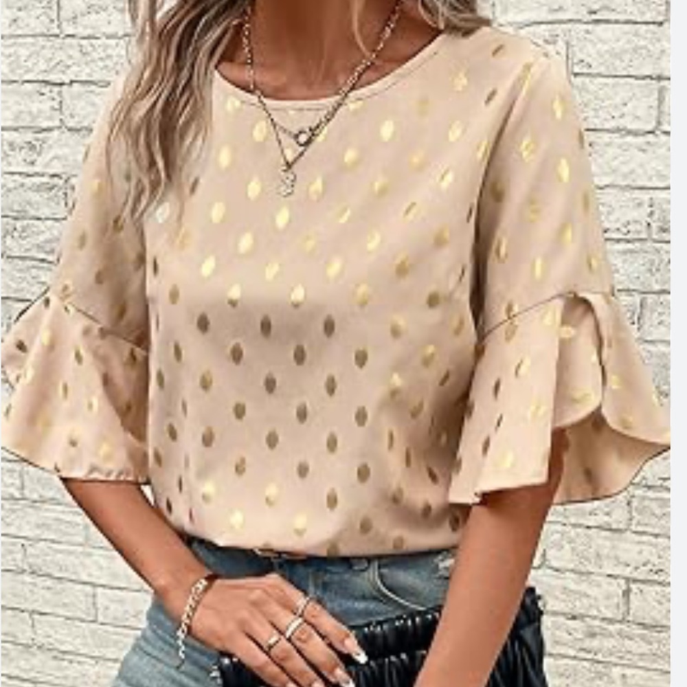 Chinese Brand Polka Gold Dot print Half Sleeve Blouse in Size Large
